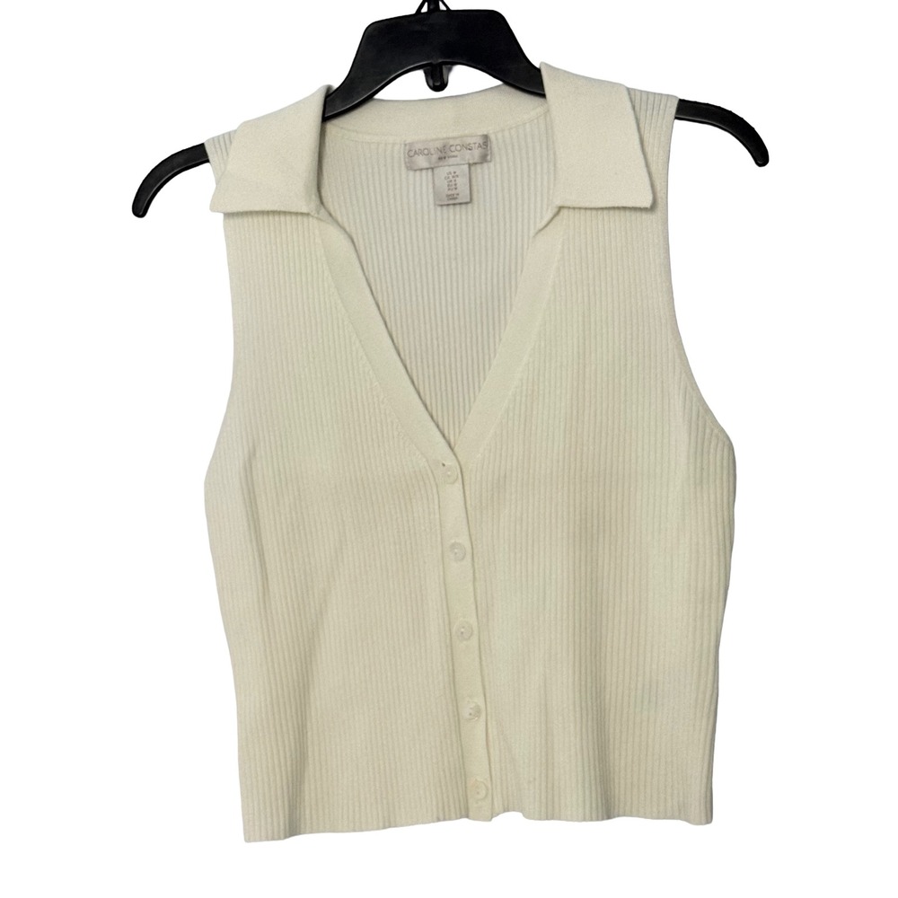 Caroline Constas Ivory Collared‎ Ribbed Knit Sleeveless Button Vest Top - Medium